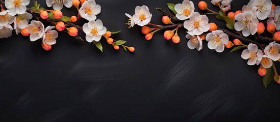 A vibrant Mother s Day backdrop with spring flowers on a black background showcasing the beauty of apricot blossoms from a top down perspective A captivating image portraying the essence of spring