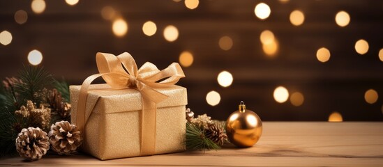 A festive Christmas arrangement with lovely decorations including a gift box on a wooden background that leaves room for text It reflects the joyous atmosphere of the holiday season encompassing Chri