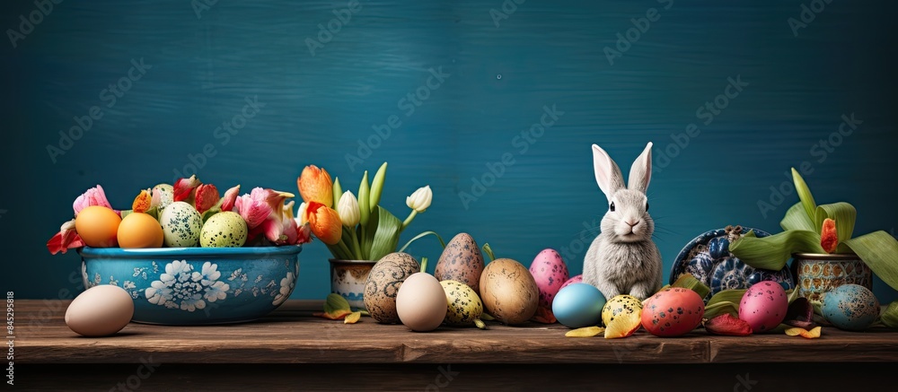 Fototapete Preparations for Easter include a wooden tray adorned with painted eggs and accompanied by a paper rabbit creating a visually appealing copy space image