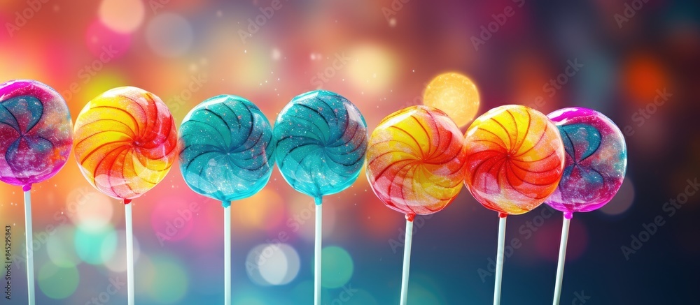 Poster Bright and colorful lollipops on a stick creating a cool and vibrant candy display Perfect for a copy space image these round and delicious treats are sure to satisfy any sweet tooth