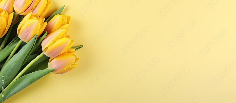 Fototapete the concept of a festive greeting card or banner is conveyed with the image of yellow tulips against