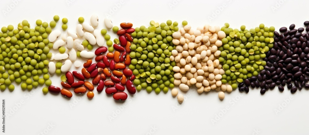 Poster copy space image featuring a top view or flat lay of various beans including white black red soy and
