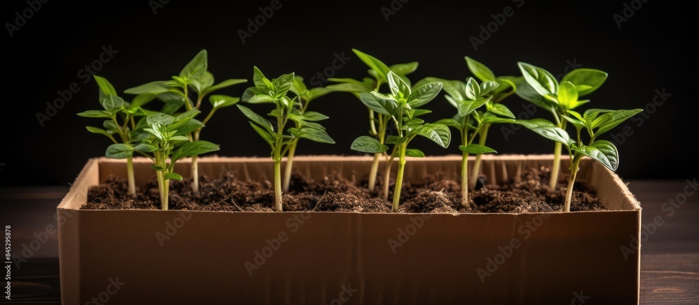 Poster copy space image of seedlings in a cardboard box representing the concept of home gardening and nurt