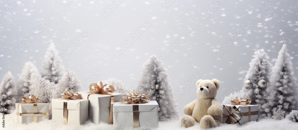 Poster a festive arrangement of christmas gift boxes and a toy fir tree on a white fur background with ampl