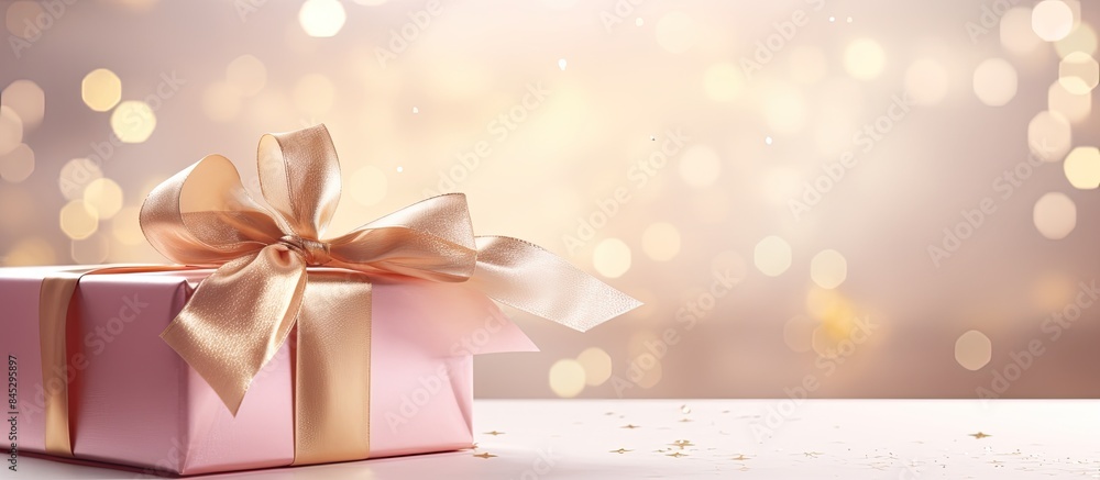 Wall mural A festive greeting card for Christmas and New Year featuring a paper gift box adorned with a golden ribbon bow The card is set against a background of soft pink Copy space image - Wall murals