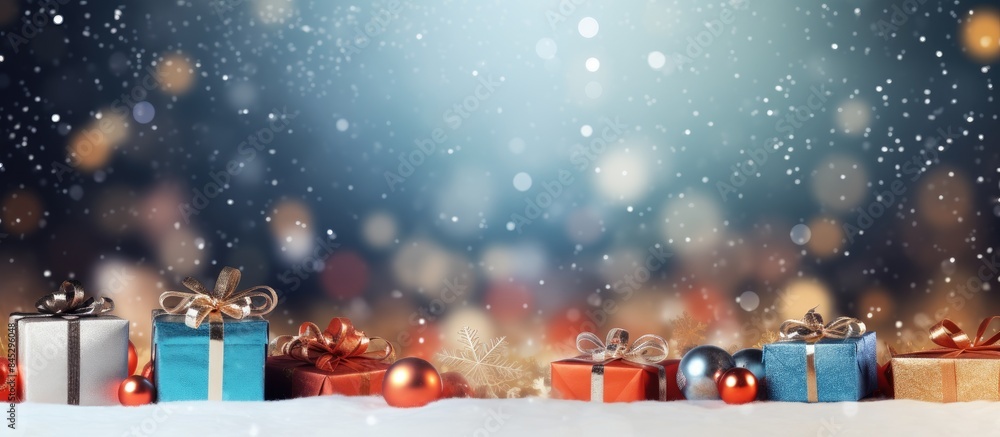 Poster a festive christmas themed background with snow blurred lights sparkling ornaments and a mix of gift