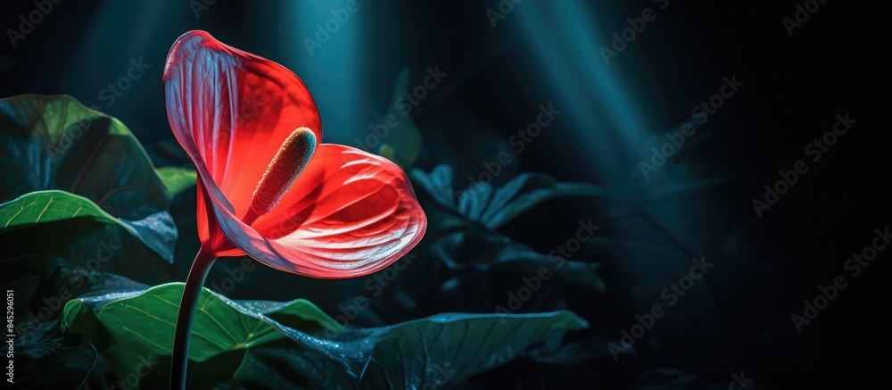 Poster anthurium flower in a vibrant shade of red illuminated with a soft glow from the surrounding shadows