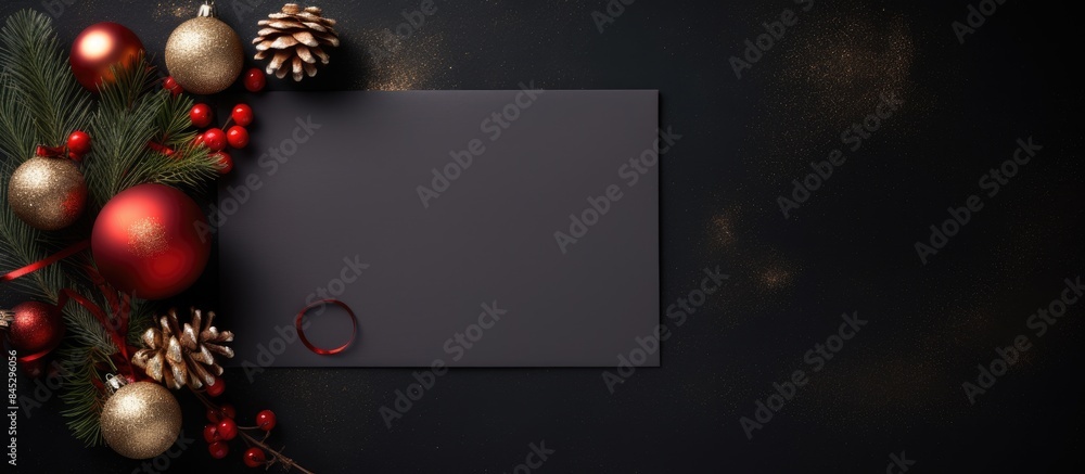 Poster A festive flat lay arrangement featuring Christmas decorations and an empty card set against a dark backdrop providing ample copy space for text