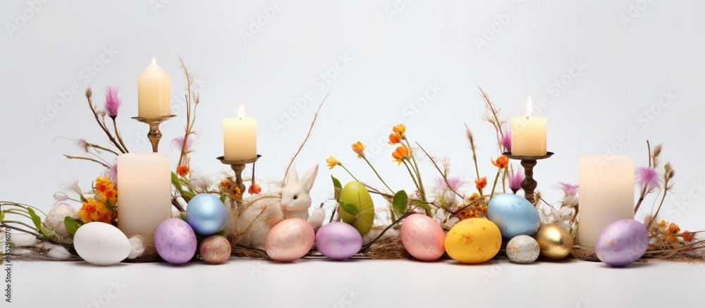 Poster A festive Easter display with colorful eggs candles the Easter bunny and willow branches arranged on a white background Perfect for celebrating the Easter holiday and adding a touch of spring to your
