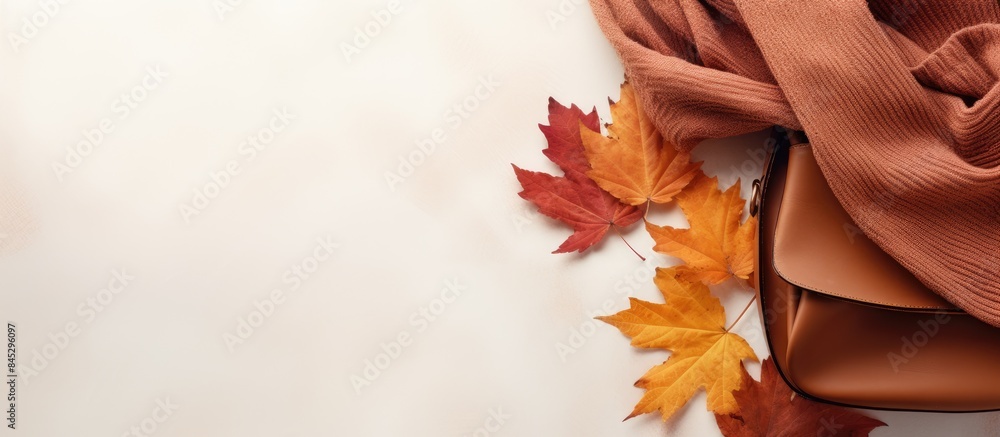 Poster a seasonal autumn concept featuring a top view of a suede bag cosy scarf and sweater and autumn leav
