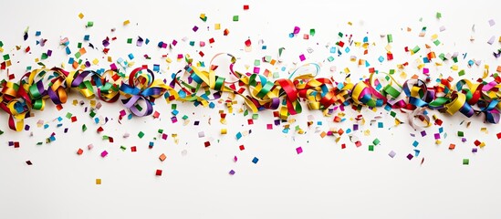 A vibrant and celebratory arrangement featuring a mix of colorful confetti Christmas decorations and streamers The items are neatly arranged on a white surface offering a flat lay composition with am