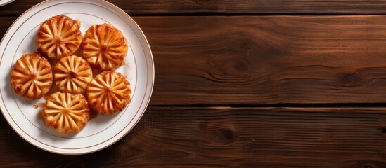 Fototapeta premium A top down view of round apple lattice cakes placed on a plate against an old wooden background with ample space for additional imagery or text