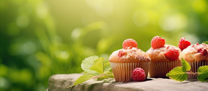 A mouthwatering summery scene with petite raspberry muffins on a vibrant green backdrop basking in the sunlit garden Perfect for confectionery blogs cafe banners and restaurant menus A tempting irres