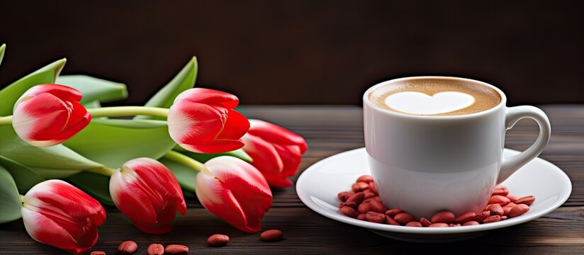 An elegant still life image for Valentine s Day featuring tulip flowers a cup of coffee with marshmallows and zephyr a red heart shaped sign and the word Love in Italian lettering Perfect for Valenti