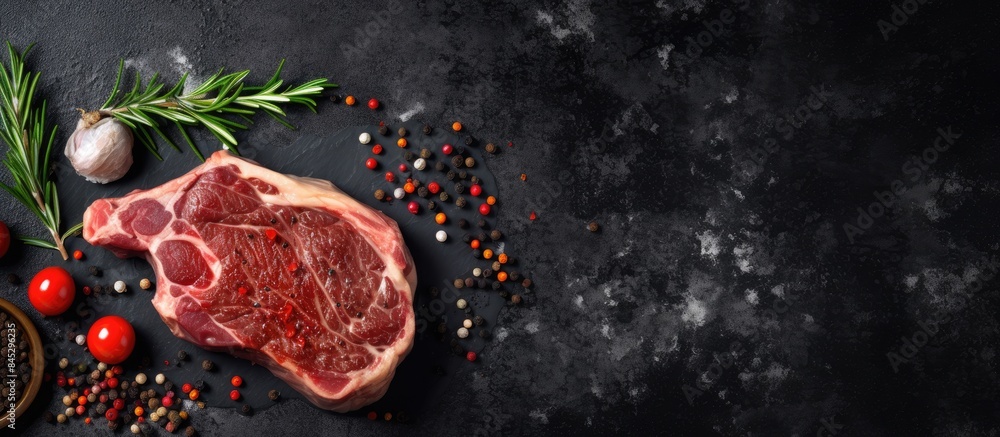 Aufkleber Top view of a dry aged grilled ribeye beef steak with ingredients set against a black stone background Ample space for textual additions in the image