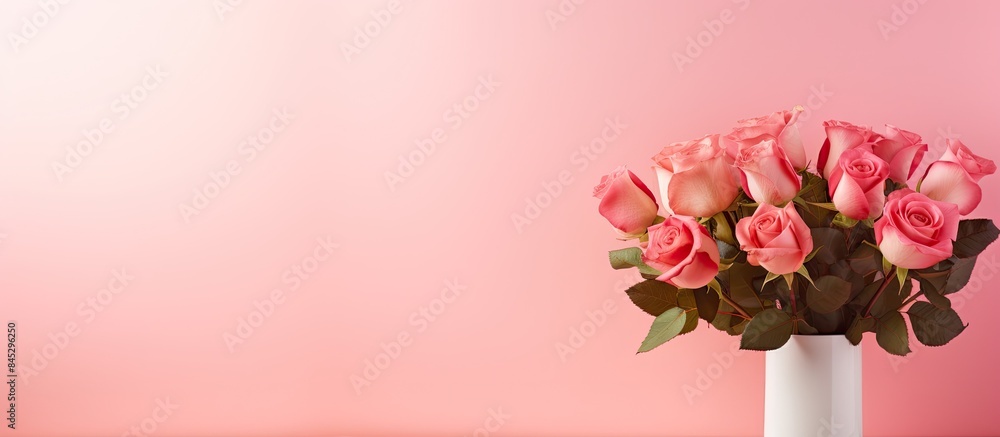 Poster a romantic valentine s day scene with a beautiful flower bouquet set against a pink background leavi