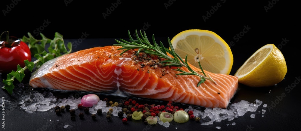 Aufkleber a close up view of salmon or trout steak ready for cooking the fresh raw fish is seasoned with salt 