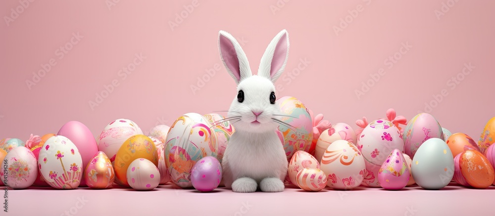 Aufkleber An isolated copy space image showcasing holiday decorations featuring Easter eggs designed in the shape of a rabbit with a painted face on a light pink background