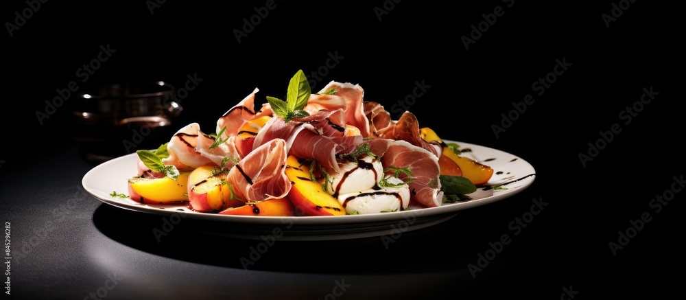 Aufkleber close up top view of a fresh gourmet salad on a white plate against a black background featuring gri