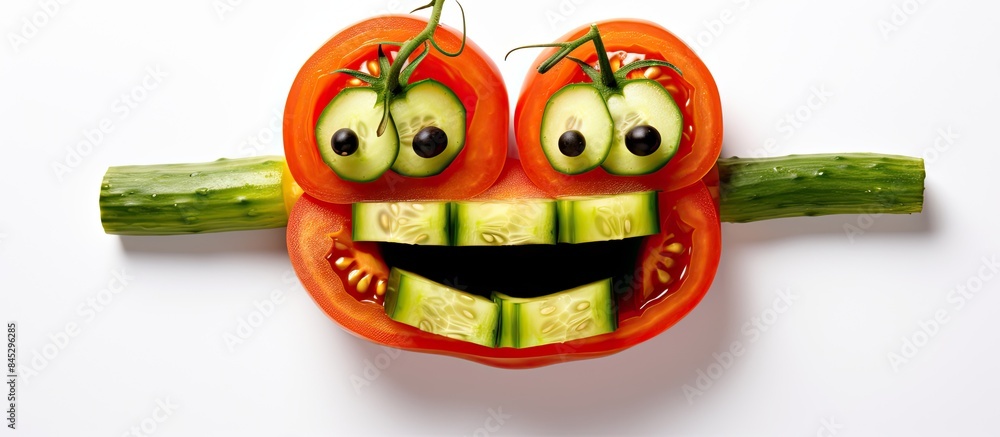 Poster a humorous image featuring a face made from tomatoes and cucumber isolated on a white background ill