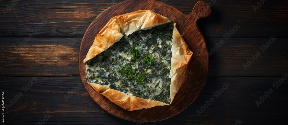 Aufkleber The Greek Pie Spanakopita consisting of spinach and cheese is beautifully presented on a wooden board with a gray background as seen from a top down perspective There is ample copy space available fo