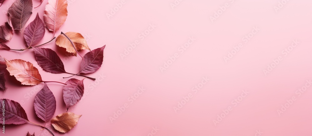 Poster top view composition of dried leaves on a pink background evoking an autumnal theme the image showca