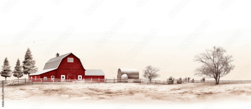 Leinwandbilder the farm scene includes a red barn and fence against a flat lay background in shades of white and re