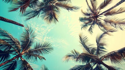 Blue sky and palm trees view from below, vintage style, tropical beach and summer background, travel concept