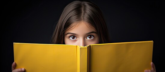 A young girl conceals herself behind a yellow book emphasizing the connection between reading education and childhood The background is a subdued grey allowing for copy space image