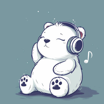 recommend clip art: Cute teddy bear listening to music, wearing headphones, sitting on the floor, eyes close from enjoyment, doodle, cartoon illustration