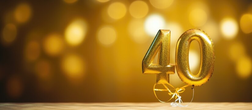 Anniversary celebration event with a gold foil balloon number in the shape of a 40 The birthday greeting card has the inscription 40 on a yellow background The golden numeral stands out on the light