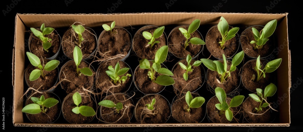 Poster copy space image of seedlings in a cardboard box representing the concept of home gardening and nurt
