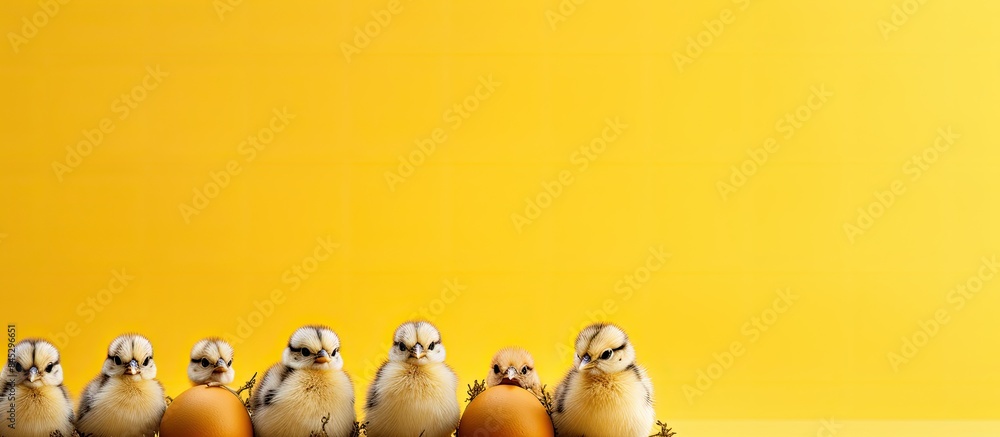 Poster Spring themed Easter mock up card concept featuring a row of vibrantly colored organic painted chicken and quail eggs on a yellow background with available copy space for customization