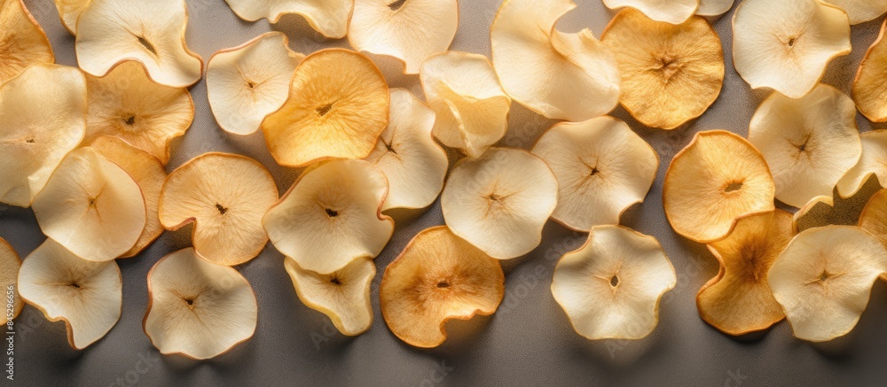 Aufkleber a top view of organic dried apple chips arranged on a gray textile background creating an image that