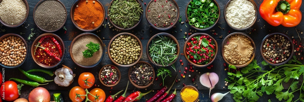 Poster an overhead view of a variety of spices and fresh vegetables arranged on a dark wooden table. genera