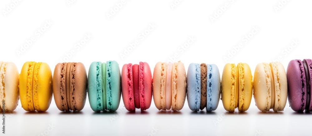 Canvas Prints A panoramic shot of sweet and colorful French macaroons in various flavors on a white background with a close up view and plenty of space for text or other elements. Creative banner. Copyspace image