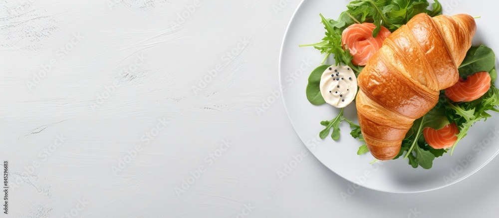 Poster a healthy breakfast concept featuring a croissant sandwich with cream cheese salmon and arugula show
