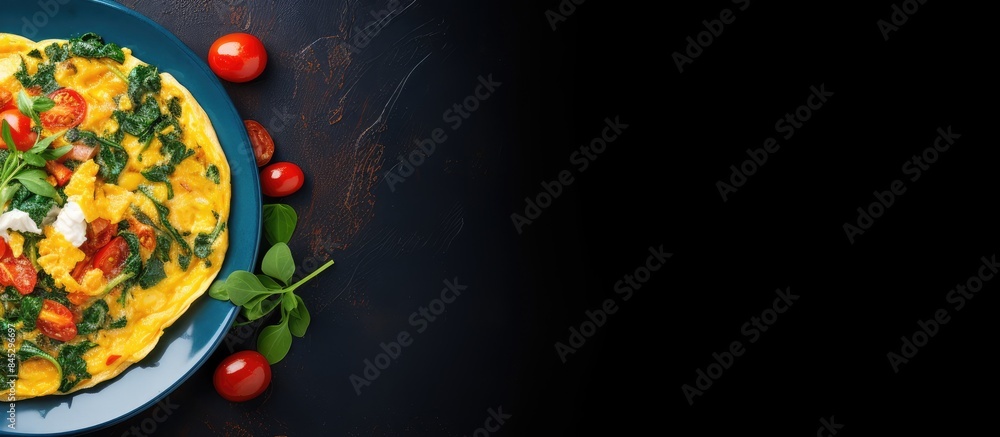 Aufkleber top view of a colorful omelette filled with scrambled eggs and vegetables showcased on a dark blue b
