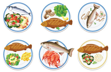 Various fish plates with vegetables and seafood