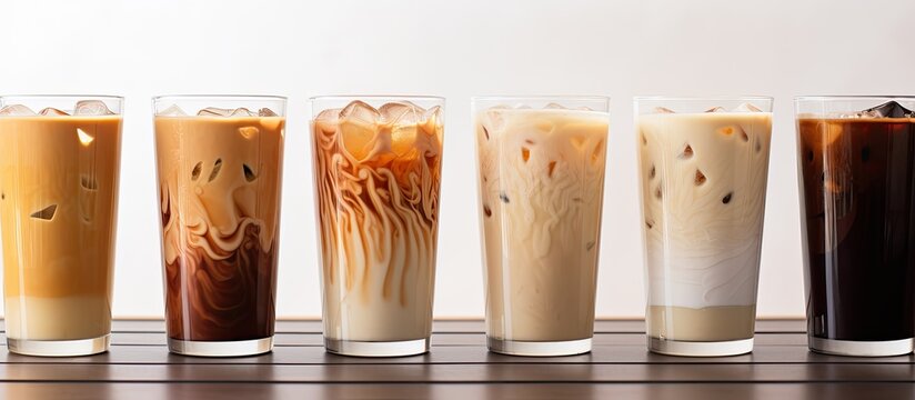 The menu offers a variety of coffee options including the choice between a regular coffee or a dirty coffee with iced milk These beverages can be enjoyed on a white table with a tree pot with the opt