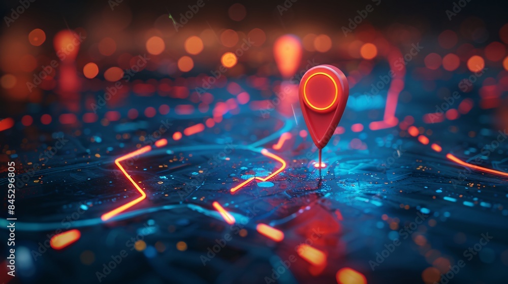 Poster a digital map displaying a location with two pins set, representing ai technology in gps, innovation