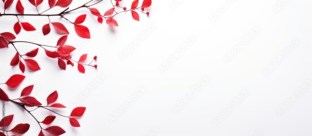 Aufkleber A beautiful spring themed image featuring red leaves on a white background The flat lay perspective offers a captivating aerial view making it perfect for texts This copy space image is a great backg