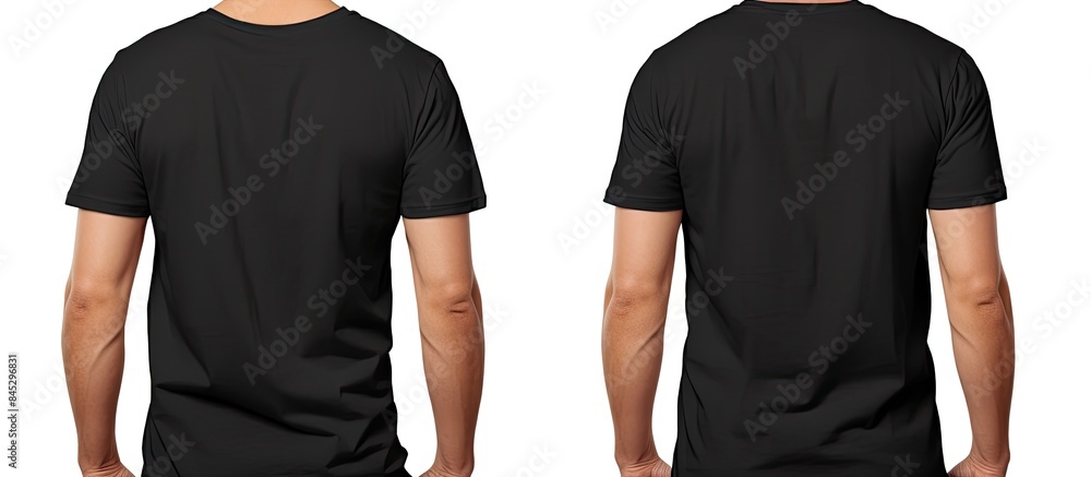 Poster A young man is shown in a blank black t shirt seen from the front and back He is standing against a white background isolated with a clipping path The image can be used as a template for designing an