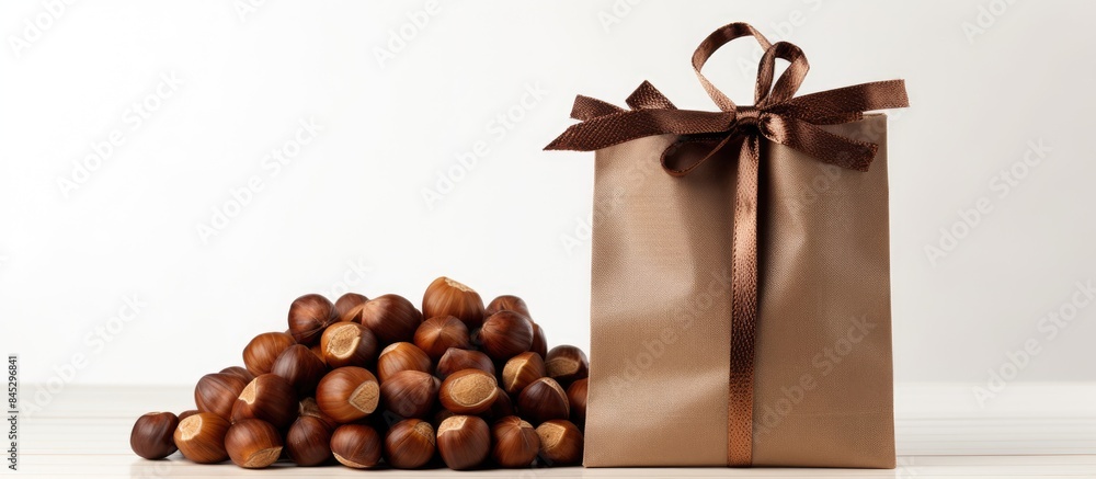 Aufkleber A close up of a delightful bag filled with fresh mouthwatering chestnuts Adorned with an elegant black ribbon and a blank label perfect for gifting Captured in a studio with a pristine white backgrou