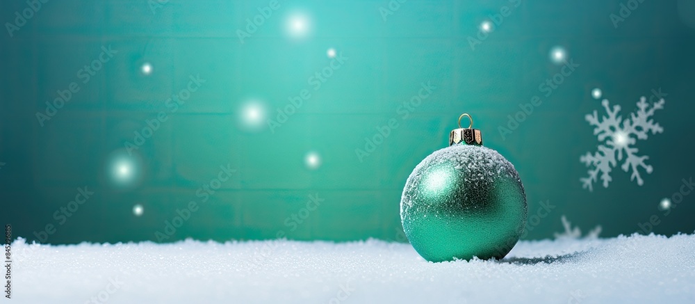 Leinwandbilder a square shaped christmas ball with a decorative christmas tree on snow can be seen against a green 