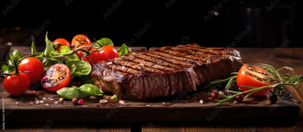 Aufkleber a delicious steak with a fresh salad and ripe tomatoes beautifully displayed on a wooden background 