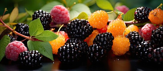 Summer fruits like apricots and blackberries are showcased in a close up image under dramatic shadows bringing to mind the refreshing essence of summertime A copy space is available making it ideal f