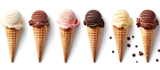 Ice cream cones with chocolate, vanilla, and strawberry flavors on a white background with clipping path.