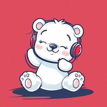 recommend clip art: Cute teddy bear listening to music, wearing headphones, sitting on the floor, eyes close from enjoyment, doodle, cartoon illustration