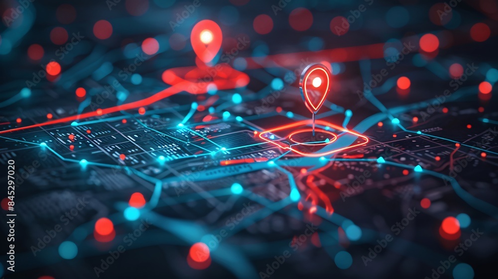 Poster a digital map displaying a location with two pins set, representing ai technology in gps, innovation